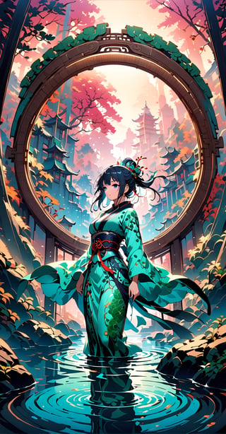 (Chinese architectural scenes, ancient style, streets, immortal worldviews.) 
A stunning portrait of 'Westen Beautiful Lady' serenely plays a Chinese instrument amidst a serene backdrop of gently flowing stream water. Most of the buildings and objects in the scene are made of jade, and the texture of the jade is photographed vividly. A soft, bright light illuminates the scene, and a shallow depth-of-field effect blurs the surroundings. The composition in the center draws attention to the delicate features of the beauty. Reminiscent of the Japanese illustration style. 1girl. solo girl.