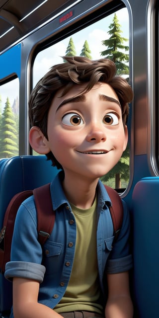  3D animation, Disney Pixar, personality: [Illustrate the inside of a train compartment with a 24-year-old boy looking out of the with excitement. His face should show wonder and joy as he sees the trees passing by, capturing the sense of innocence and curiosity in his expression] unreal engine, hyper real --q 2 --v 5.2 --ar 9:16