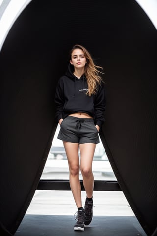 (full shot:1.3),(from below:1.3),
Emma Watson, photo of young woman, highlight hair, 
Woman in black hoodie, beautiful slender legs, (very short pants:1.3), dark brown puffs, legs,
rim lighting, studio lighting, looking at the camera, 
dslr, ultra quality, sharp focus, tack sharp, dof, film grain, Fujifilm XT3, crystal clear, 8K UHD, highly detailed glossy eyes, high detailed skin, skin pores