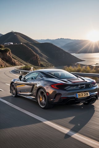 aesthetic photo of McLaren 765LT, in motion, perfect lighting, vibrant, high detailed, epic, motion blur