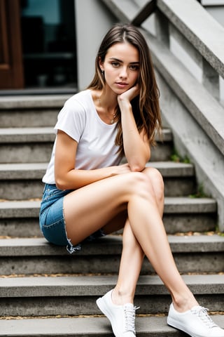 (dutch angle shot:1.4),
(Emma Watson:0.5), (Tara Reid:0.9), (Ana de Armas:1.2),
photo of young woman,
highly detailed glossy eyes, high detailed skin, skin pores,
highlight hair, 
Sitting on steps, female fashion model, short sleeves, brown and white, young and slim, (beautiful slender legs:1.4) ,close-up of legs,
rim lighting, studio lighting,
dslr, ultra quality, sharp focus, tack sharp, dof, film grain, Fujifilm X-T3, crystal clear, 8K UHD,