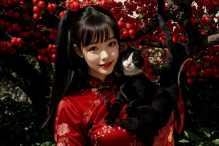 A beautiful woman in a cheongsam stood next to a red plum tree. A cat climbed onto the plum tree. The beautiful woman was looking at the cat and smiling. (Han Hyo Joo:0.8), (Anne Hathaway:0.8),