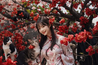 A beautiful woman in a cheongsam stood next to a plum blossom. A cat climbed onto the plum tree. The beautiful woman was looking at the cat and smiling. (Han Hyo Joo:0.8), (Anne Hathaway:0.8),