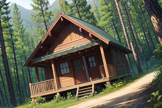 cabin, exterior, outdoors, forest, dutch angle, masterpiece, best quality, highres