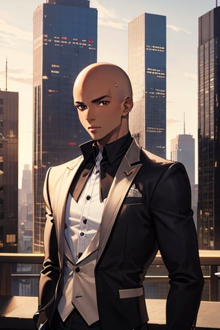  1boy, mature, bald, (dark skin), upper body, city, masterpiece, best quality, highres,photo background