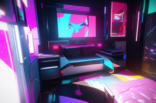 bedroom, cyberpunk, [3D:7], [pop art:5], masterpiece, best quality, highres, newest, very aesthetic, General