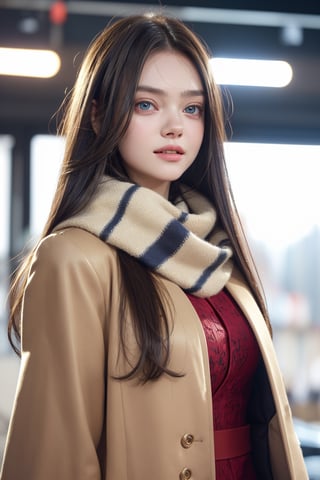 score_9, (Masterpiece), REALISTIC, UHD, vivid colors, color enhanced filter, 8K, more detail, high contrast, ultra high_resolution, sharp, (advertisement shot), 1girl, ((She looks like Elle fanning, eyes look like Mila kunis, light smile)), 20yo, ((straight hair)), symmetrical eyes, detail face feature, well-proportioned body, detailed fabric textures in clothing, she is a super model, (magazine photo, Hermes brand automn fashion collections dress and jacket and scarf and accessories), (virtual reality world computer graphic background)