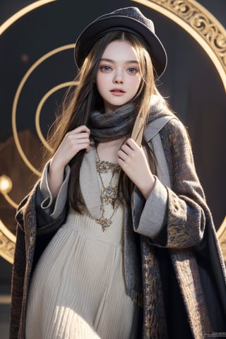 score_9, (Masterpiece), REALISTIC, UHD, vivid colors, color enhanced filter, 8K, more detail, ultra high_resolution, sharp, (advertisement shot), 1girl, ((She looks like Elle fanning, eyes look like Mila kunis, light smile)), 20yo, ((straight hair)), symmetrical eyes, detail face feature, well-proportioned body, detailed fabric textures in clothing, she is a wizard, (magazine photo, Chanel brand fashion collections dress and coat and accessories and fedora and stick and scarf), (virtual unreal Hogwarts world Computer Graphic magic circle background)