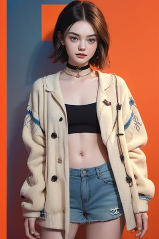 score_9, (Masterpiece), REALISTIC, UHD, vivid colors, 8K, more detail, ultra high_resolution, sharp, (advertisement shot), 1girl, ((She looks like Elle fanning, eyes look like Mila kunis, light smile)), 20yo, ((short bob hair)), symmetrical eyes, detail face feature, well-proportioned body, detailed fabric textures in clothing, she is a super model, (magazine photo, (CHANEL brand fashion collections), shirts, shorts, loosefit blouson_jacket, choker, accessories, like Matilda of Leon), (virtual world black background with light spakling)