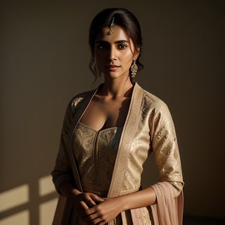 A photo-realistic image of a 40-year-old Pakistani Muslim woman, her light brown eyes piercing and captivating. Dressed in traditional Pakistani attire, she stands solo, her gaze directly meeting the viewer's with intensity. Dramatic lighting accentuates her strong, confident posture, while strong sunlight illuminates her eyes, enhancing her striking beauty. The scene, in a square aspect ratio, is rendered natural and realistic, with a neutral background that keeps the focus solely on her.