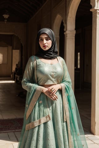 pakistani woman, lehnga dress, hijab, green eyes, lifelike rendering, immersive atmosphere, impeccably detailed, visually stunning, transfixing looks, emotive depth, artistic emotionality, compelling glances, large bosom, pakistani bazaar, outdoor, natural lighting, Intense Shadow,