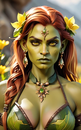 A stunning score-9 female orc model posing confidently with a captivating gaze. She wears a leather bikini with flowers adorning her hair, showcasing her toned upper body and striking features. Her long, ginger hair cascades down her back, framing her heart-shaped face with parted lips. Her yellow eyes sparkle with makeup, drawing attention to her mole under the eye. The camera focuses on her pretty yellow eyes, adorned with delicate jewelry, as she looks directly at the viewer. The background is blurred, adding depth and emphasis to her striking pose. 
Green skin, pointy ears, tusks, Female orc, yellow eyes