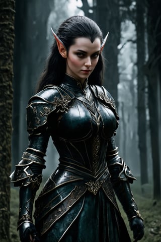 A dark elven queen in intricate armor, gothic medieval design, realistic textures, ultra-high definition, photorealistic, highly detailed, dramatic lighting, sharp focus, cinematic, hyperrealism, dark and mysterious atmosphere