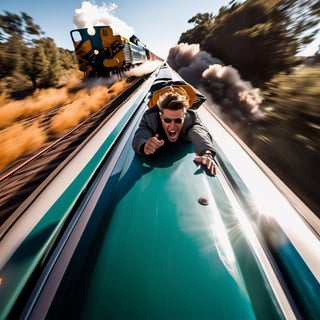 He clings to the top of a fast-moving train and tries desperately to hold on while being blown away by the wind. Camera angle from the front on top of the train.