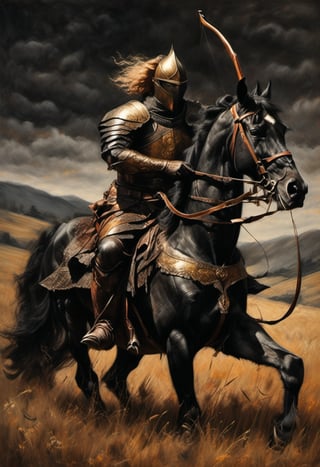 A medieval archer dressed in leather armor, quiver slung over his shoulder, rides a majestic black stallion across a sun-kissed meadow. The archer's bow is notched and ready to fire as he gazes out at the rolling hills, the wind blowing through his hair.,charcoal \(medium\),golden dust,Gold Edged Black Rose