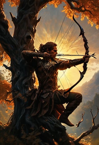 A majestic elven archer readies his bow from the top of a tall tree. The sunlight casts warm colors and long shadows. Framed by the majestic trees, his figure stands out against the distant hills and sunlit grasslands. His angular stance as he readies his bow and prepares to fire emphasizes his strength.