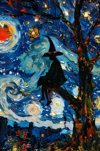 (masterpiece, top quality, best quality, official art, beautiful and aesthetic:1.2), extreme detailed, a witch sitting on a tree, starry night, captured in the detailed gouache style of Hieronymous Bosch and Klimt,impasto technique with acrylic paint,impasto,acrylic paint, thick and heavy brushstrokes with a palette knife,great relief,three-dimensional feel, Oil painting