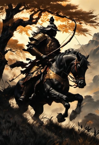 A regal Japanese archer poses astride a mighty black stallion, sunlight casting warm tones and long shadows. Framed by a majestic tree, the archer's figure stands out against the distant hills and sun-kissed grasslands. Bow notched and ready to fire, his strength is emphasized by an angled pose. The noble steed's golden coat glistens in the light, as it prances beneath its rider, exuding power and majesty.