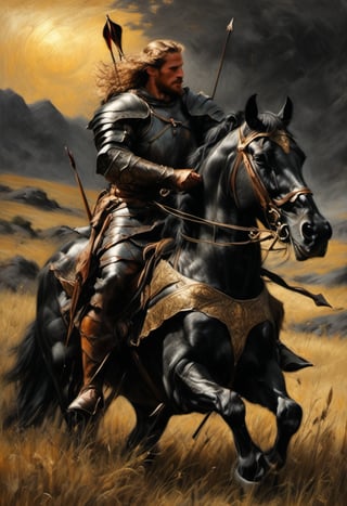 A medieval archer dressed in leather armor, quiver slung over his shoulder, rides a majestic black stallion across a sun-kissed meadow. The archer's bow is notched and ready to fire as he gazes out at the rolling hills, the wind blowing through his hair.,charcoal \(medium\),golden dust,Gold Edged Black Rose