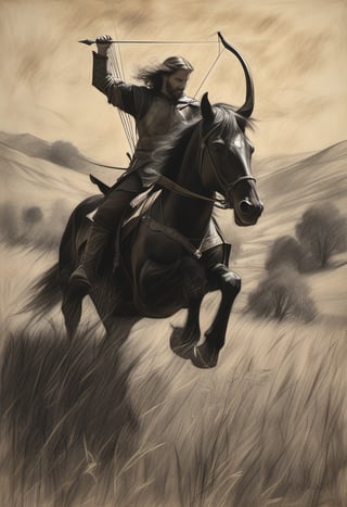 A medieval archer dressed in leather armor, quiver slung over his shoulder, rides a majestic black stallion across a sun-kissed meadow. The archer's bow is notched and ready to fire as he gazes out at the rolling hills, the wind blowing through his hair.,charcoal \(medium\),golden dust