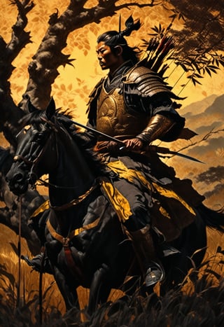 A regal Japanese archer poses astride a mighty black stallion, sunlight casting warm tones and long shadows. Framed by a majestic tree, the archer's figure stands out against the distant hills and sun-kissed grasslands. Bow notched and ready to fire, his strength is emphasized by an angled pose. The noble steed's golden coat glistens in the light, as it prances beneath its rider, exuding power and majesty.