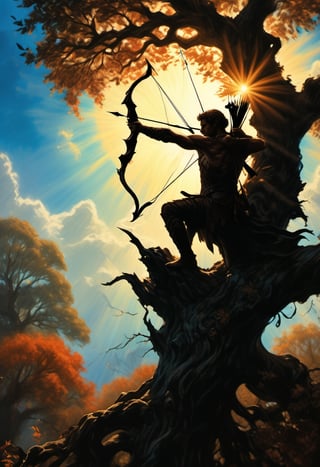 A majestic elven archer, silhouetted against a vibrant blue sky, readies his bow from the top of a towering tree, its gnarled branches stretching towards the heavens like nature's own cathedral. Warm sunlight casts long shadows, highlighting the subtle play of muscles as he assumes an angular stance, emphasizing his formidable strength. Framed by the majestic trees' leafy canopies and the distant hills' gentle undulations, his figure stands out against the sunlit grasslands, a testament to his unwavering focus and unyielding determination.