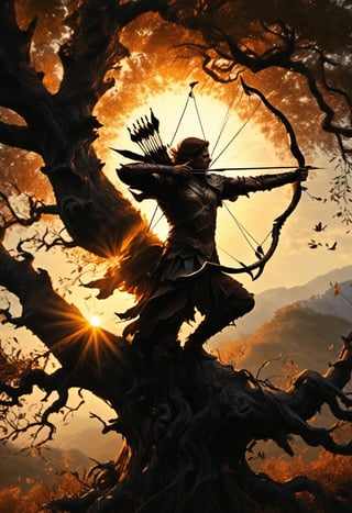 A majestic elven archer perched atop a towering tree, sunlight casting warm hues and stretching long shadows across the terrain. Framed by the ancient trees' gnarled branches, his robust figure stands out against the distant hills and sun-kissed grasslands, his angular stance as he readies his bow exuding strength and readiness for flight.