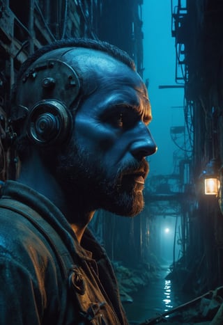 Dark waters envelop Marv's rugged face as he gazes up at the abandoned underwater cityscape, reminiscent of a forgotten metropolis. The dim glow of a lone neon sign casts an eerie blue light on his weathered features, illuminated by the faint hum of machinery in the background.