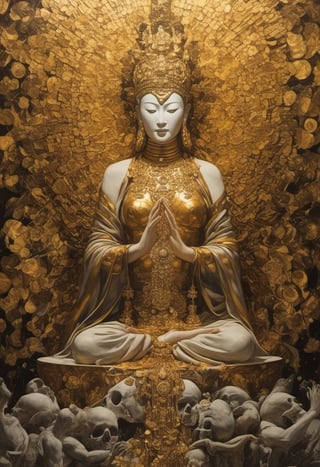 (Flesh and form, gold and bronze, collaboration between Frank Frazetta and Gustav Klimt), Thousand-Armed Kannon Buddha sitting on a throne made of swords and skulls, beautiful and compassionate face, very elegant, perspective from above, (depth of field), rage and destruction,