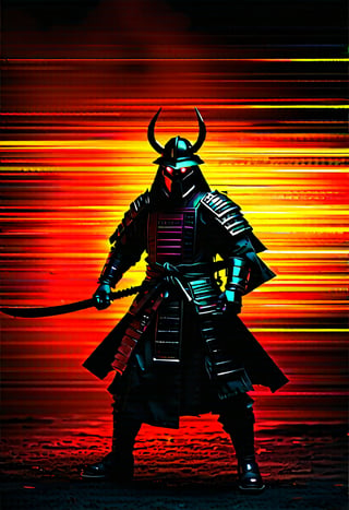 A decrepit film reel crackles to life, shrouded in heavy visual distortion: static noise, film grain, flickering horizontal lines, and color shifts. A glitch-ridden, pixelated image distorts the view, as a samurai warrior stands amidst gloomy, flickering lighting. The camera spins wildly, capturing extreme angles: skewed perspectives, tilted shots, and erratic movements. Shadows dance ominously, punctuated by bursts of intense light during moments of brutal attack.