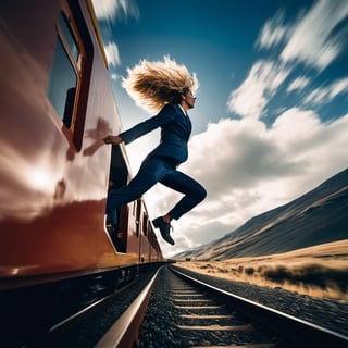 A thrilling shot of a figure clinging precariously to the edge of a speeding train, with wind-blown hair and a determined expression, as they struggle to maintain their grip against the intense gusts. The camera captures a low-angle perspective from directly below, emphasizing the train's speed and the subject's precarious position, while the dark blue sky above provides a striking backdrop.