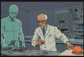 score_9, source_comic, (?! Panel comic) Persuade by MOEBIUS (Mad Science), full color, research lab