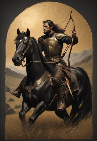 A medieval archer dressed in leather armor, quiver slung over his shoulder, rides a majestic black stallion across a sun-kissed meadow. The archer's bow is notched and ready to fire as he gazes out at the rolling hills, the wind blowing through his hair.,charcoal \(medium\),golden dust,Gold Edged Black Rose