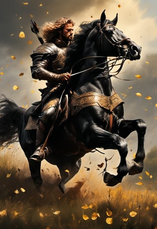 A medieval archer clad in supple leather armor rides a majestic black stallion across a sun-drenched meadow, quiver slung over his shoulder. The air is alive with golden dust as he notches his bow, ready to fire, his gaze fixed on the rolling hills. His windswept hair flows behind him like a river of night, as a single gold-edged black rose petals at his feet. Taking a bow from the top of a tree