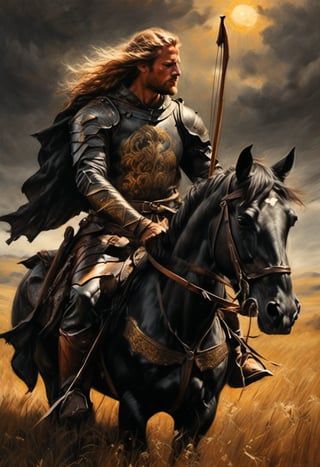 A medieval archer dressed in leather armor, quiver slung over his shoulder, rides a majestic black stallion across a sun-kissed meadow. The archer's bow is notched and ready to fire as he gazes out at the rolling hills, the wind blowing through his hair.,charcoal \(medium\),golden dust,Gold Edged Black Rose