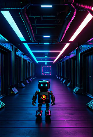 A virtual space reminiscent of the movie Tron. An android with complex joints. (((Horror themed stuffed animal))) Kidnapped by a vampire. The background is pixelated.