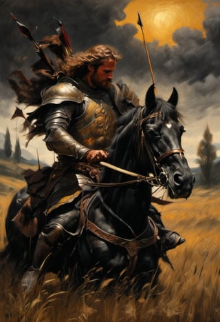 A medieval archer dressed in leather armor, quiver slung over his shoulder, rides a majestic black stallion across a sun-kissed meadow. The archer's bow is notched and ready to fire as he gazes out at the rolling hills, the wind blowing through his hair.,charcoal \(medium\),golden dust,Gold Edged Black Rose