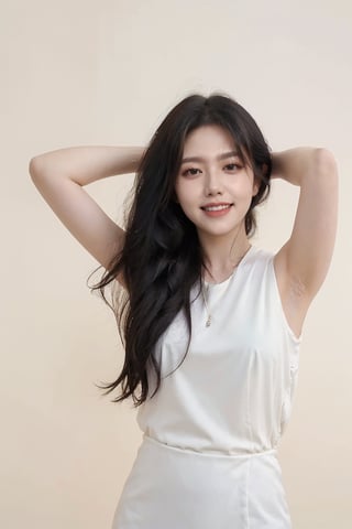 1girl, black hair, smiling, ID photo style, solid color background, (18yo),(arms behind head:1.2), clear skin, bright eyes, natural makeup, casual clothing, high resolution, best quality, masterpiece.