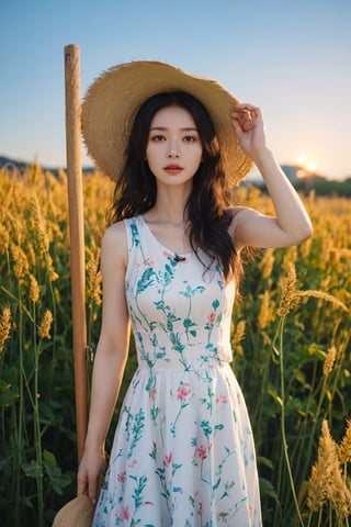 1girl, beautiful, black hair, long hair, farmer, field, agriculture, (18yo), innocent, detailed eyes, green dress, straw hat, holding scythe, wheat, sunset, peaceful, serene, rural, natural light, high resolution, best quality, masterpiece. 