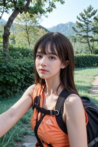 1girl, mountain climbing, beautiful, black hair, long hair, athletic, determined, nature, rocky terrain, (mountain peak:1.3), clear sky, sunlight, trees, (vivid colors:1.2), detailed expressions, dynamic pose, (rope:0.9), (carabiner:0.9), hiking boots, backpack, outdoor adventure, serene atmosphere, depth of field, realistic, ambient light, wide-angle lens, best quality, masterpiece.