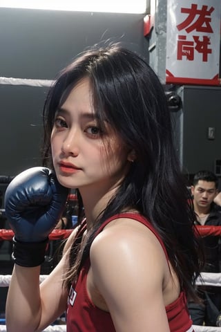 1girl, beautiful, black hair, young, (20yo), determined expression, boxing ring, punching, sportswear, dynamic pose, sweat, intense eyes, focused, gym, bright lighting, realistic style, best quality, masterpiece.