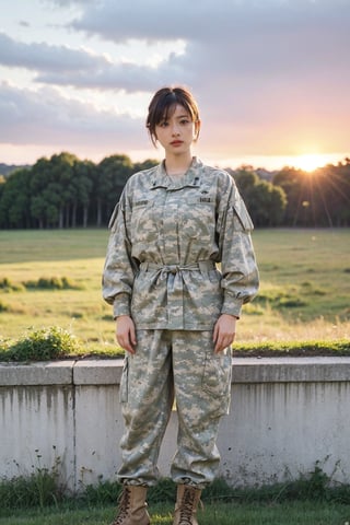 1girl, soldier, standing at attention, black hair, short hair, young (18yo), serious expression, military uniform, camouflage pattern, combat boots, outdoors, grass field, sunset, golden hour light, clear sky, detailed background, depth of field, realistic, ambient light, (cinematic composition:1.3), high definition, best quality, masterpiece