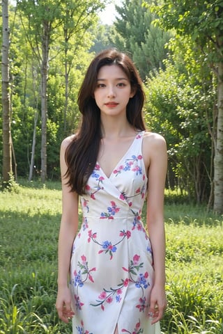 1girl, beautiful, solo, (17yo), stunning black hair, long hair, detailed eyes, walking in forest, green trees, sunlight filtering through leaves, colorful wildflowers, peaceful atmosphere, serene expression, flowy summer dress, barefoot, natural makeup, surrounded by nature, vibrant colors, depth of field, realistic, ambient light, (cinematic composition:1.2), wide-angle lens, best quality, masterpiece.