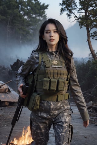 1girl, beautiful, black hair, long hair, intense eyes, determined expression, combat uniform, camouflage pattern, holding a rifle, firing, battlefield, explosions in background, tanks, smoke, fire, debris, chaotic environment, dynamic lighting, (action pose:1.2), high-contrast, gritty textures, best quality, masterpiece.