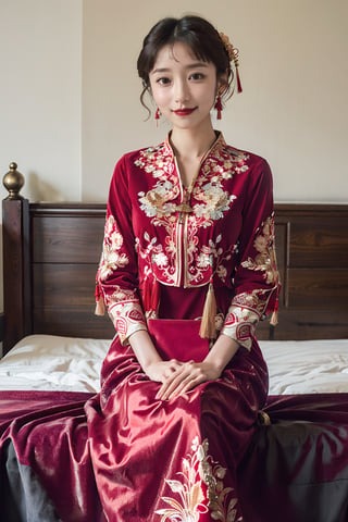  best quality,highly detailed,1girl,
a woman in a red and gold clothes, phoenix coronet,(sitting on red bed),blush,shy,black_hair, earrings,  indoors, jewelry, long_sleeves, red lips, tassel, Red quilt,(red palace:1.2),looking_at_viewer,smile