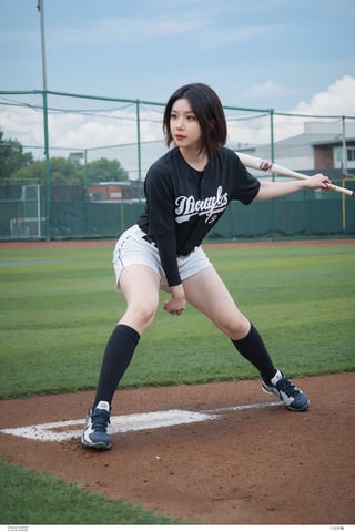 1girl, black hair, young, baseball uniform, full body shot, detailed eyes, beautiful, (sporty vibe:1.2), dynamic pose, outdoor field, sunny day, grass, dirt path, (baseball bat:0.9), (baseball glove:0.9), clear blue sky, high resolution, depth of field, realistic, ambient light, (cinematic composition:1.3), HDR, Accent Lighting, wide-angle lens, best quality, masterpiece.