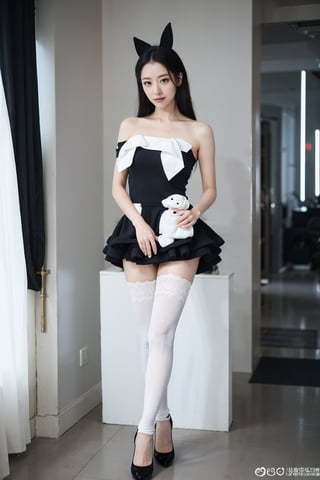 1girl, black hair, bunny girl costume, sexy, standing pose, full-body shot, detailed eyes, playful expression, fluffy tail, ears headband, laced tights, high heels, alluring posture, soft lighting, (cinematic composition:1.3), best quality, masterpiece.