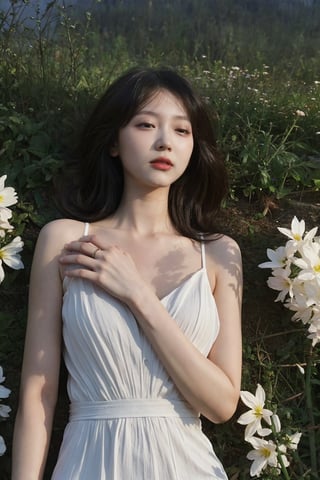 1girl, dead, beautiful, pale corpse, black hair, long hair, detailed eyes, closed eyes, lips slightly open,peaceful expression, white dress, bloodless, (lying on ground), hands hanging naturally,surrounded by flowers, dark forest background, moonlight, eerie atmosphere, high-quality, masterpiece.