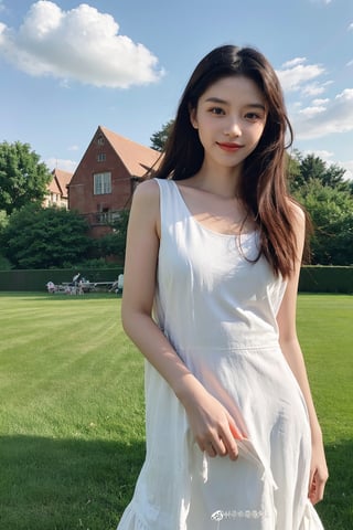 1girl, medieval, black hair, young lady, relaxed expression, detailed eyes, long hair, casual dress, (medieval dress:1.2), natural makeup, standing pose, grassy field, castle in the distance, sunny day, blue sky, fluffy white clouds, beautifully detailed background, depth of field, realistic, ambient light, (cinematic composition:1.3), HDR, Accent Lighting, wide-angle lens, best quality, masterpiece.