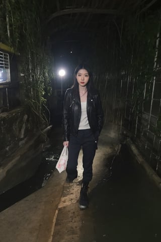 1girl, black hair, young, adventurer, exploring, outdoor, tunnel, wilderness, (leather jacket:1.2), (cargo pants:1.1), hiking boots, backpack, headlamp, (dust:0.8), (cobwebs:0.9), mysterious atmosphere, dim light, damp walls, rocky terrain, (moss:1.0), (vines:1.0), best quality, masterpiece